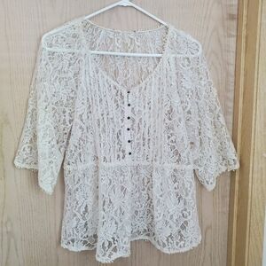 Missy Womens Sheer Boho Lace Top Size L Ivory Flowy Fairy Coquette Bohemian Y2K